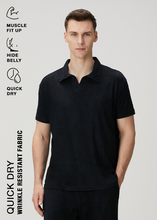 Qsimple Polo Havlu Luxe Touch™ – Muscle Up Fit Koyu Lacivert Towelling Polo Tişört SIMPLEQLOTH