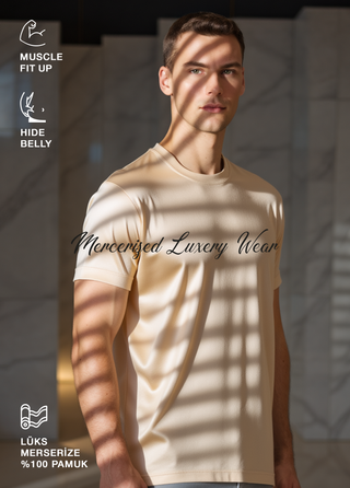 Paris | Lüks Merserize Pamuk Tişört Qsimple Muscle Up Fit-Bej SIMPLEQLOTH