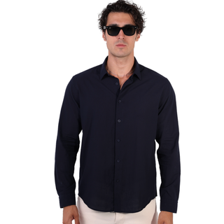 Qsimple Dark Navy Blue Crew Neck Modal Men's T-shirt
