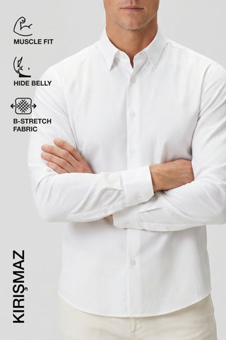 The Aristocrat | Qsimple Muscle Fit Performance Stretch Kırışmaz Gömlek-Beyaz SIMPLEQLOTH