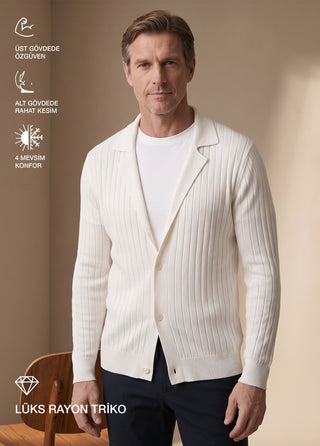 Galatia | Rayon Polo Yaka Triko Hibrit 4 Mevsim Hırka - Off White SIMPLEQLOTH