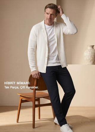 Galatia | Rayon Polo Yaka Triko Hibrit 4 Mevsim Hırka - Off White SIMPLEQLOTH