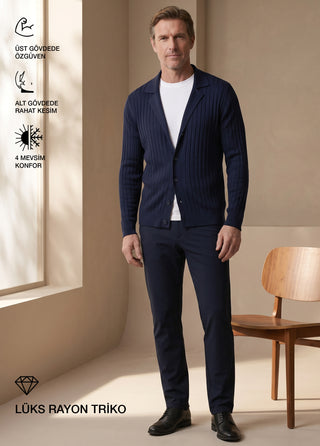 Galatia | Rayon Polo Yaka Triko Hibrit 4 Mevsim Hırka - Koyu Lacivert SIMPLEQLOTH