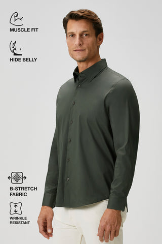 The Strategist | Travel B-Stretch Muscle Fit Gömlek-Dark Green SIMPLEQLOTH