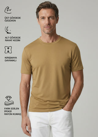 Cappadocia | Brushed Rayon Fluid - Qsimple Muscle Fit Hide Belly Tshirt - Camel SIMPLEQLOTH