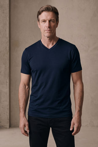 Cappadocia V2 | Brushed Rayon Fluid - V Yaka - Qsimple Muscle Fit Hide Belly Tshirt - Dark Navy SIMPLEQLOTH
