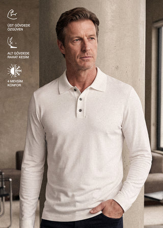 SARDIS | 4 Mevsim Uzun Kol Triko Rayon Polo Tshirt - Muscle Up Hide Belly Fit - Off White SIMPLEQLOTH