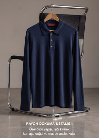 SARDIS | 4 Mevsim Uzun Kol Triko Rayon Polo Tshirt - Muscle Up Hide Belly Fit - Dark Navy SIMPLEQLOTH